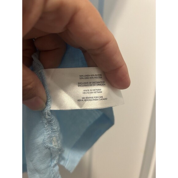 Orvis Women's Size Large Blue Linen Blend Button Short Sleeve Top Cap Sleeves - Picture 6 of 7